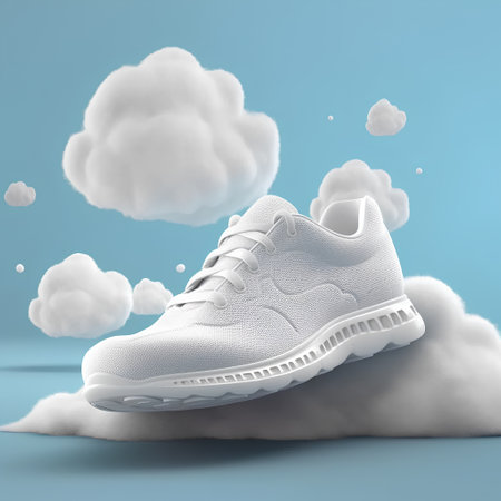 White sneaker on blue background with clouds. 3D illustration.の素材