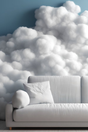 Modern bright interiors 3D rendering illustration with white sofa and cloudsの素材