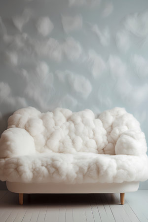 3d rendering of a white fluffy sofa in a room with cloudsの素材