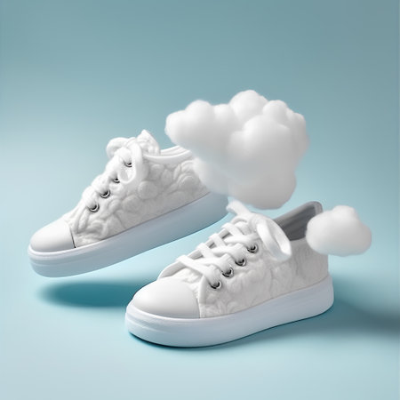 Pair of white sneakers with clouds on blue background. 3d renderingの素材