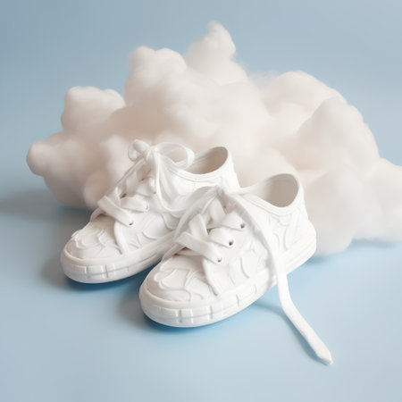 Pair of white sneakers on a blue background with a white cloudの素材