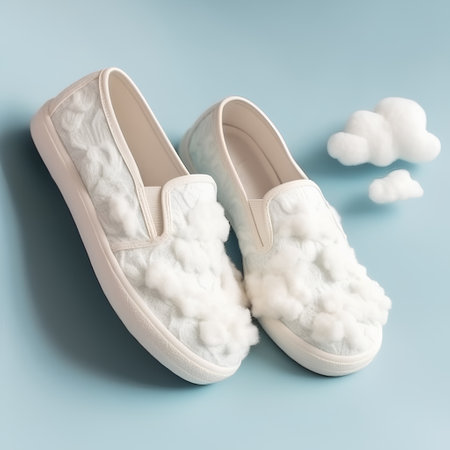 Pair of white slippers with fluffy white clouds on blue backgroundの素材