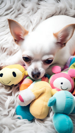 Cute Chihuahua puppy with toys on the bed.の素材