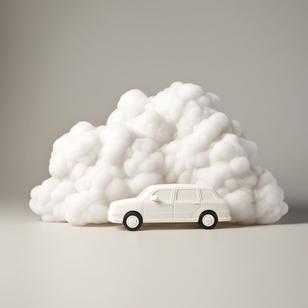 3d rendering of a white car in a cloud on a gray backgroundの素材
