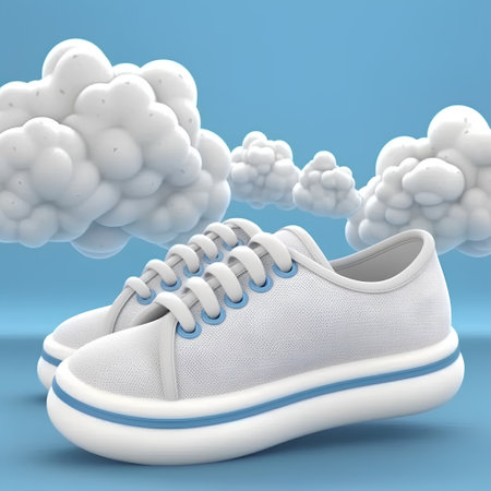 3d rendering of white sneaker over blue background with clouds in the skyの素材