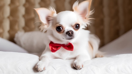 Cute chihuahua puppy with red bow tie on bedの素材