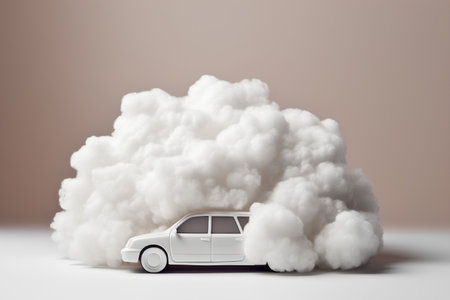 White car with cloud on brown background. 3D rendering illustration.の素材