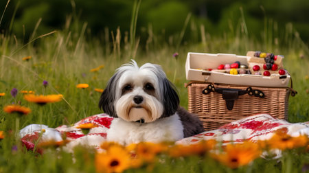 A Bichon Frise dog lying in the grass with a picnic basket in the backgroundの素材