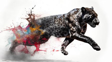Leopard jumping with colorful splashes on white background. 3D renderingの素材