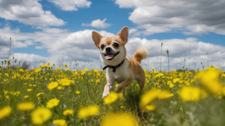 Cute chihuahua dog running on the yellow flowers fieldの素材