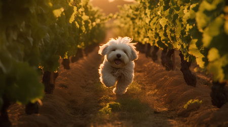 Cute Maltese dog in vineyard at sunset, vertical imageの素材