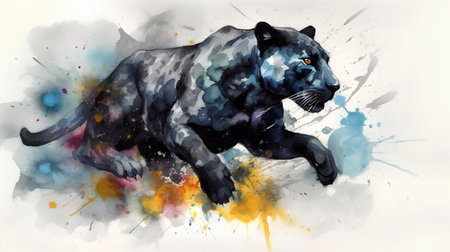 Watercolor painting of a black panther (Panthera leo)の素材