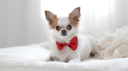 Cute chihuahua dog with red bow tie on white bedの素材