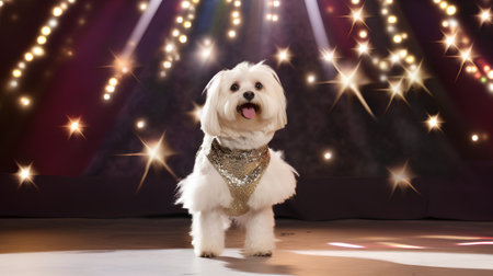 Cute Maltese dog with golden sequins on the stage with lightsの素材
