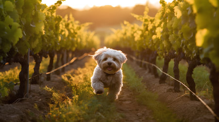 Cute white dog running in vineyard at sunset in summer.の素材