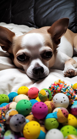 Chihuahua dog lying on bed with colorful candies.の素材