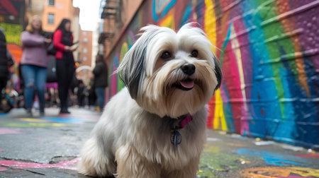 Cute Yorkshire Terrier in front of a colorful graffiti wall.の素材