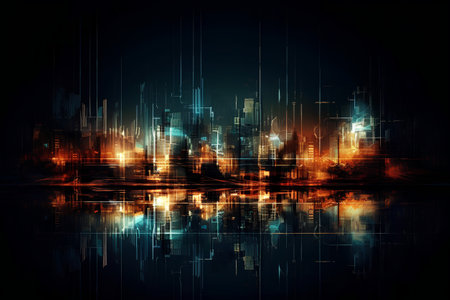 abstract night city with lights and reflections on the water, vector illustrationの素材