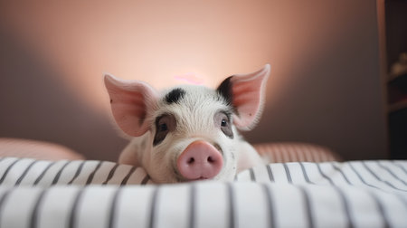Cute little pig lying on the bed in the room. Selective focus.の素材