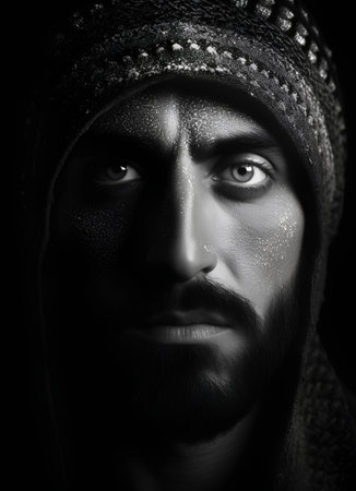 Portrait of a man with a beard on a black background.の素材