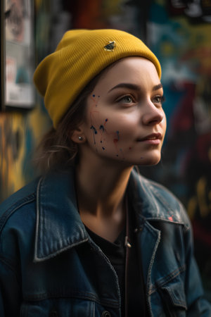 Portrait of a beautiful girl in a yellow hat on a background of graffitiの素材
