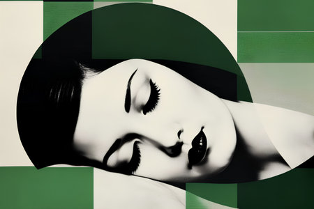 portrait of a beautiful young woman with long eyelashes on a green backgroundの素材