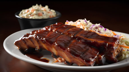 pork ribs with coleslaw on a white plate on a wooden tableの素材
