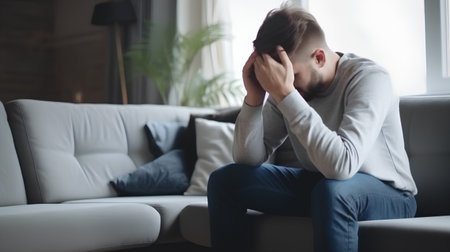 Depressed young man sitting on sofa in living room at home.の素材