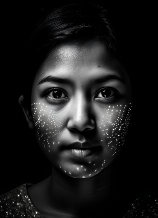 Black and white portrait of a young African-American girl with silver dots on her faceの素材