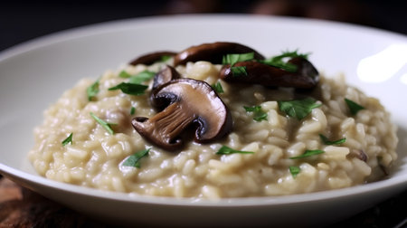 Risotto with mushrooms and parsley on a dark wooden backgroundの素材