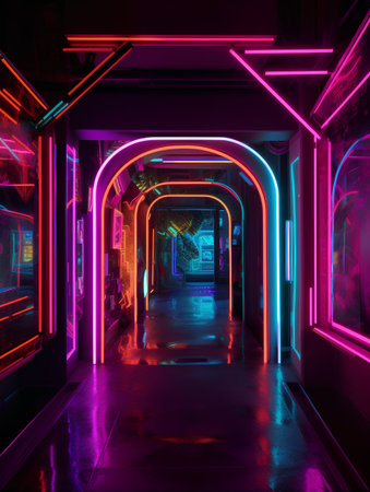 Futuristic corridor with glowing neon lights, 3d render illustrationの素材