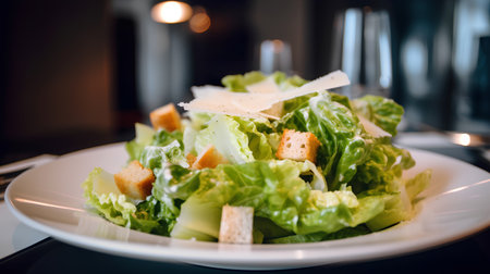 Caesar salad with cheese on white plate in restaurant, closeupの素材