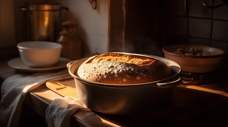 Freshly baked bread in a pan on a wooden table in the kitchenの素材