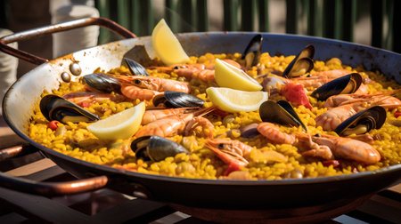 Paella with shrimps, mussels, prawns and squidの素材