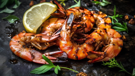Grilled tiger prawns with lemon and herbs on black stone backgroundの素材