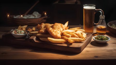 Fish and chips on a wooden board with beer. Toned.の素材