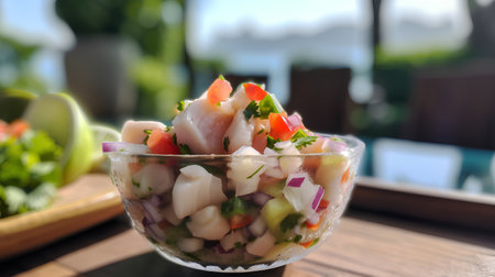 Salad with fish and vegetables in a glass bowl. Selective focus.の素材