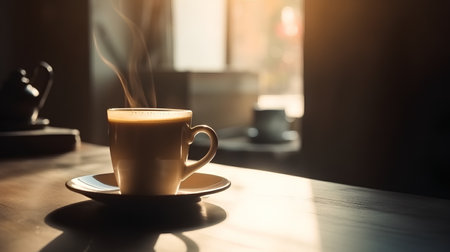 Coffee cup on wooden table in coffee shop, stock photoの素材