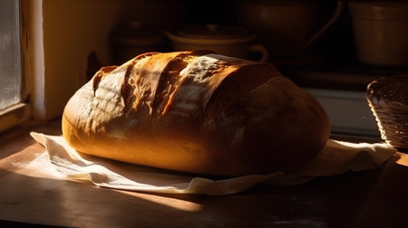 Freshly baked bread on the table in the kitchen at sunset.の素材