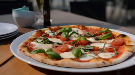 pizza with mozzarella, tomato and basil on wooden tableの素材