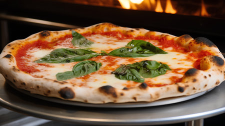 Pizza with mozzarella cheese and basil in front of the ovenの素材