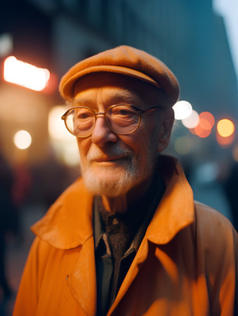 Portrait of an elderly man in a yellow raincoat on the street at nightの素材