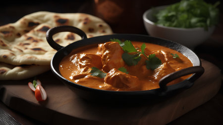Chicken tikka masala with naan bread on wooden backgroundの素材