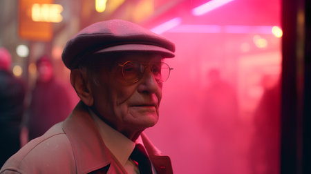 Portrait of an elderly man in a hat and glasses.の素材