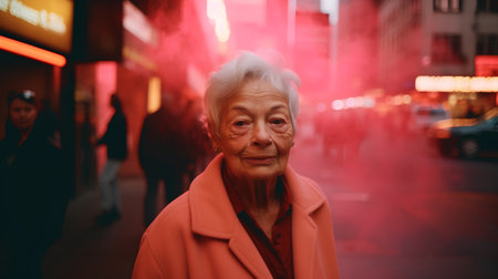 Portrait of senior asian woman walking in the city at nightの素材