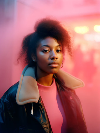 Young african american woman in urban city at night with neon lights.の素材