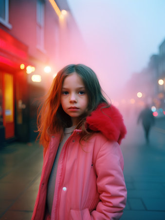 Portrait of a beautiful little girl in a pink jacket on the street in the fog.の素材