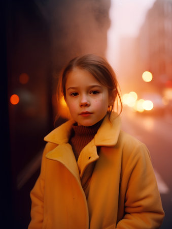 Portrait of a girl in a yellow coat on the background of the city.の素材