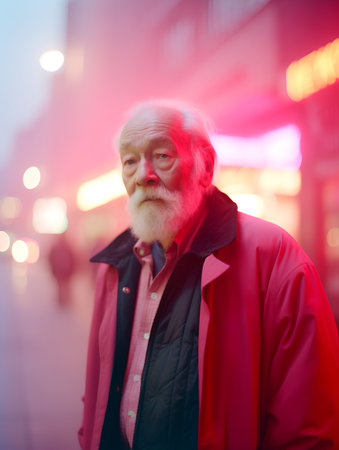 Portrait of senior man with long gray beard in red coat walking in the city at nightの素材