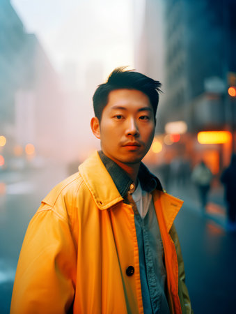 young handsome asian man in yellow raincoat in the city at nightの素材